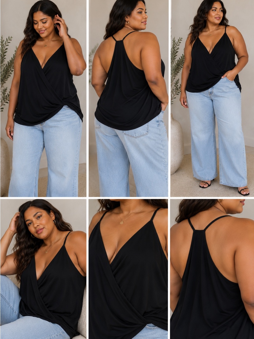 Black Draped V-Neck Tank Top